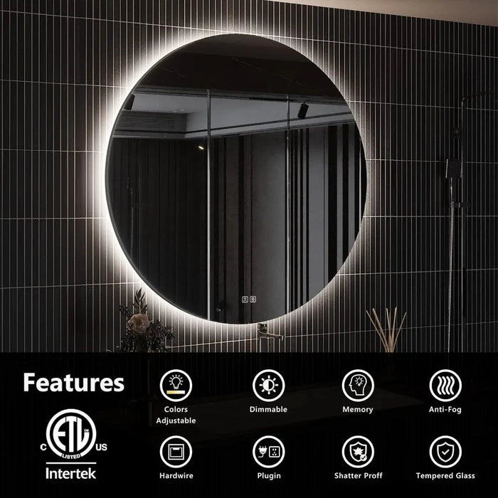 Wall-Mounted Bathroom Mirror Dimmable Lighted Bathroom Vanity Miroir 36" LED Round Mirror 6000K Backlit Anti-Fog Freight Free