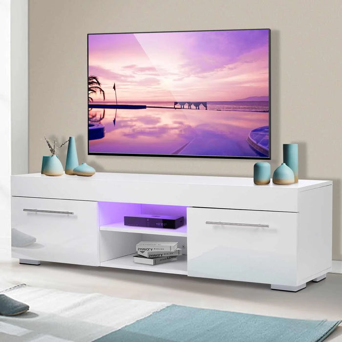 51'' High Gloss Modern TV Unit Bracket with LED Light TV Stands Living Room Furniture TV Cabinet with 2 Drawers Home Furnishings