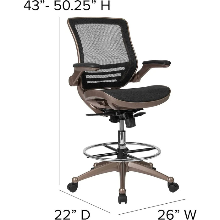 Mid-Back Transparent Black Mesh Drafting Chair With Melrose Gold Frame and Flip-Up Arms Freight Free Office Furniture Desk