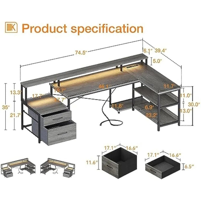 L Shaped Desk with File Drawer, 75" Reversible, with Power Outlet & LED Strip, Office Desk with Storage Shelves, Monitor Shelf