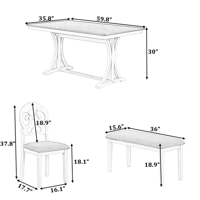 Mid-Century 6-Piece Trestle Table Set with Victorian Round Upholstered Dining Chairs and Long Bench