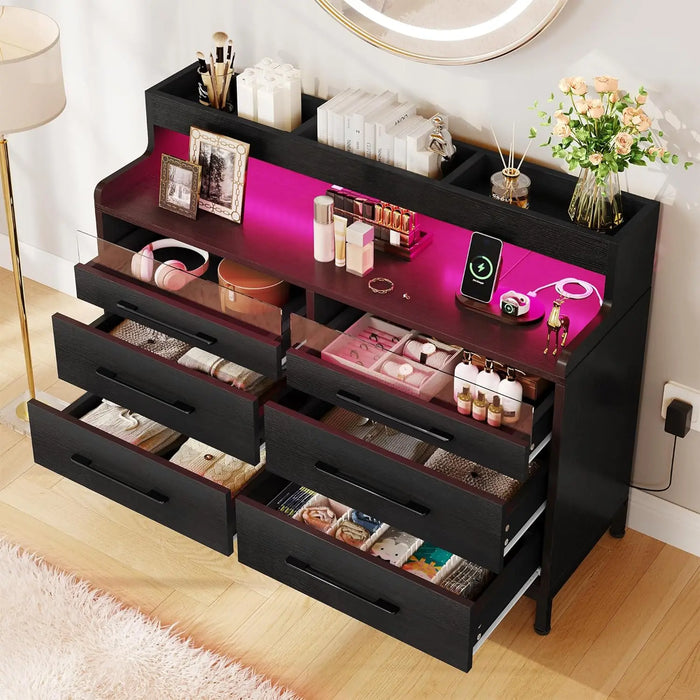 YITAHOME 6 Drawer Dressers & Chests of Drawers with LED Light, Modern Dresser with Open Shelf Storage, Black Vanity