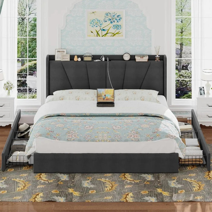King Bed Frame and Upholstered Headboard, Platform Bed with Storage Drawers and Outlets, Sturdy, Noiseless, No Box Spring Needed
