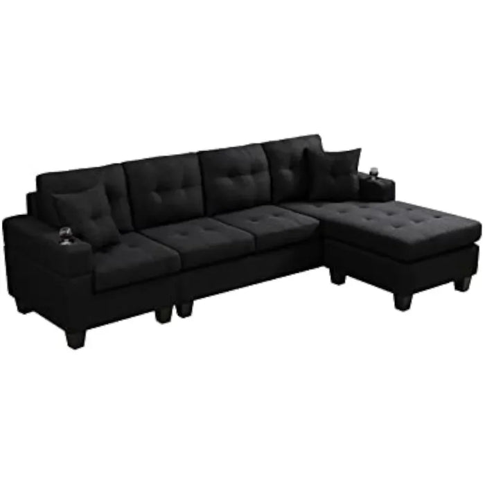 L-shaped Upholstered Modular Sofa with Reversible Chaise Longue and 2 Cup Holders, Modern Furniture Stylish Design, Black