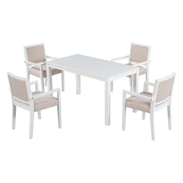 Classic Wood 5-Piece Dining Table Set with 4 Arm Upholstered Dining Chairs in Elegant Beige