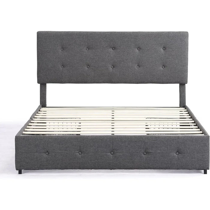 Upholstered Bed Frame Queen Size with 4 Storage Drawers and Button Tufted Headboard, Comfort Adjustable Mattress Height