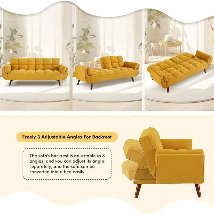 Linen Futon Sofa Bed Loveseat, Adjustable Backrest Convertible Sleeper Reclining Couch with Tapered Wood Legs, Yellow