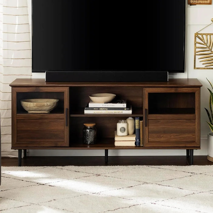 Modern Farmhouse Wood and Glass TV Stand with 2 Cabinet Doors for TV's up to 65" Flat Screen Universal TV Console, Dark Walnut