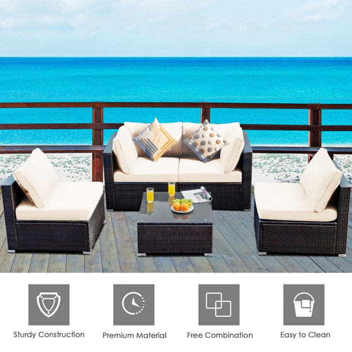 5 Pieces Cushioned Patio Rattan Furniture Set with Glass Table Garden Outdoor Table and Chairs Set