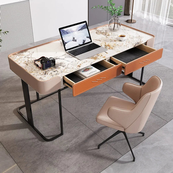 Modern home executive office desk resin table top saddle leather golden legs luxury antique study table