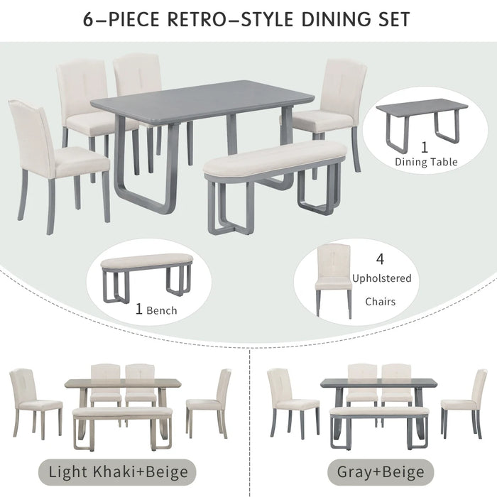 6-Piece Retro Dining Set with Dining Table, 4 Upholstered Chairs,Bench with Cushions for Dining Room,Gray/Beige