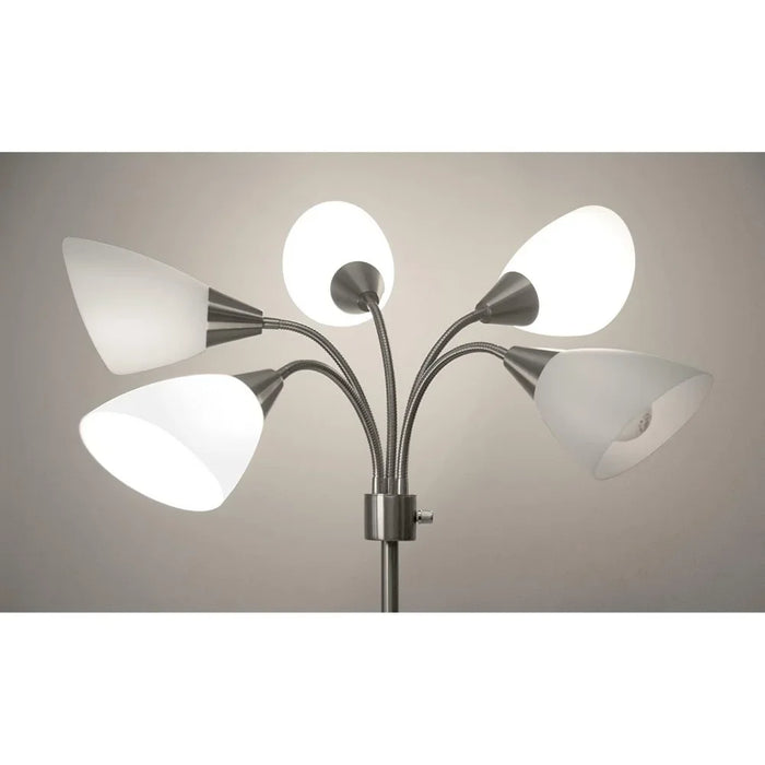 5 Light Floor Lamp, Brushed Steel, White Frosted Plastic Shade Bedroom Reading Deco Dining Room Light