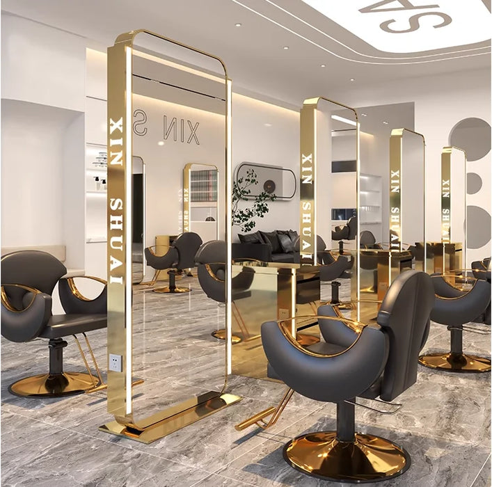High end hair salon mirror table, hair cutting mirror, full body illuminated, double-sided floor mirror