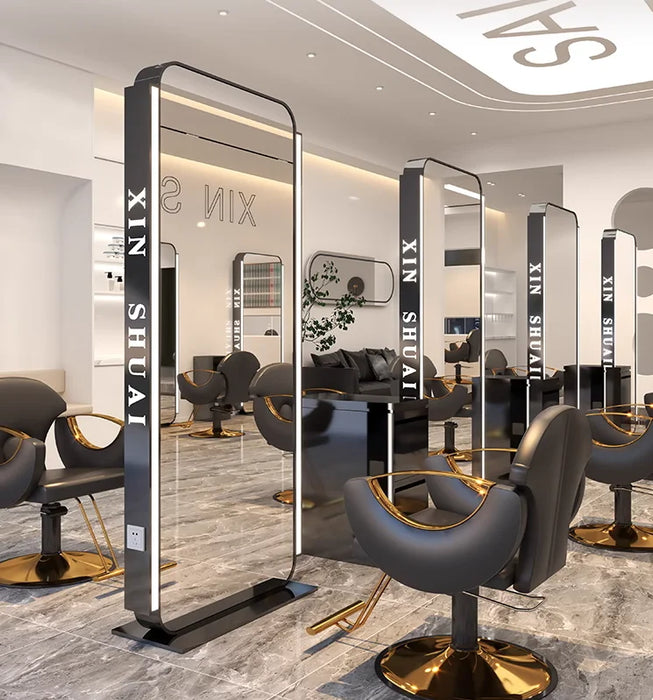 High end hair salon mirror table, hair cutting mirror, full body illuminated, double-sided floor mirror