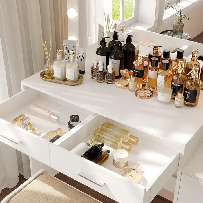 Bedroom Dressing Table, with Lighted Mirror, Vanity Desk with Storage Shelf & 5 Drawers,11 LED Lights, 46.7" Makeup Vanity Table