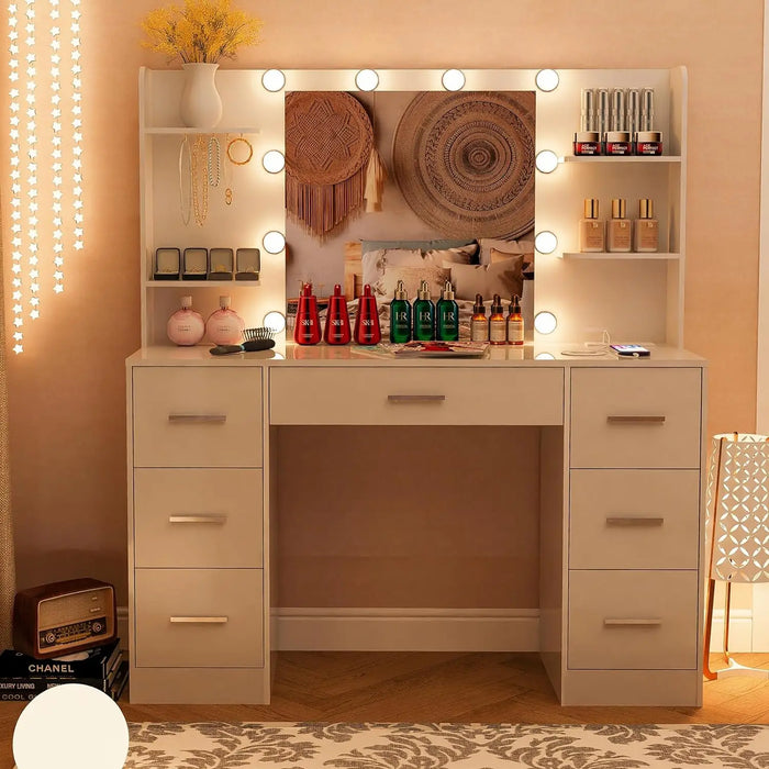 Large Vanity Desk with LED Lighted Mirror & Power Outlet,Makeup Vanity Table with 7 Drawers,4 Shelves and 5 Hooks