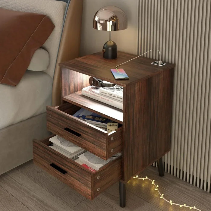 Bedside Tables for the Bedroom Mid-century Modern Bedside Table With Open Shelves and 2 Drawers Furniture