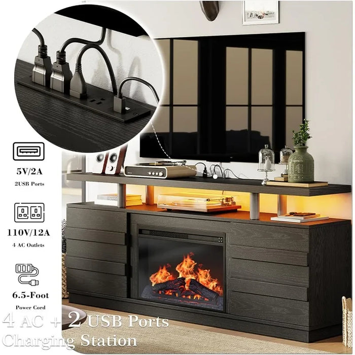 Charging Station & LED Light, Accommodates 55/65/75 inch TV, 68" Wood Entertainment Center for Living Room, Bedroom - Black