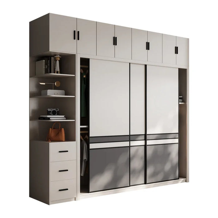 Light luxury wardrobe modern simple solid wood multilayer sliding door large wardrobe household bedroom Nordic moving door cabin