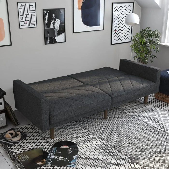 Paxson Convertible Futon Couch Bed with Linen Upholstery and Wood Legs - Grey, Twin