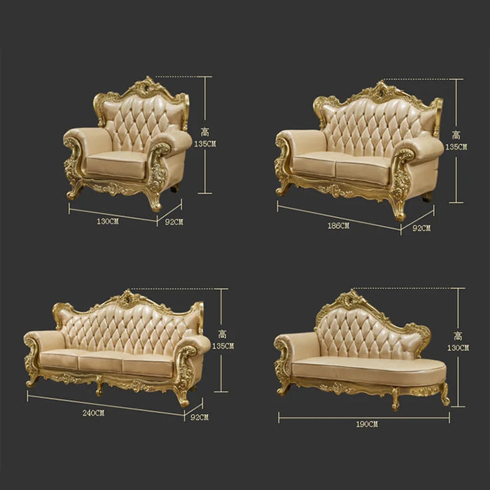 European-style Leather Sofa First Layer Cowhide Villa Large Apartment Living Room Combination Champagne Solid Wood Carving