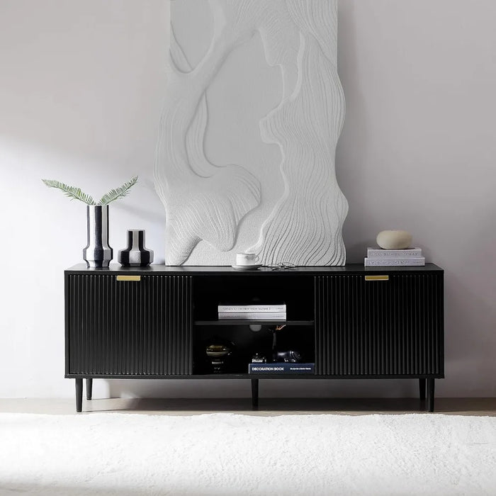 TV Stand Modern Living Room with Storage Cabinets, Wood TV Cabinets with Sliding Doors &Ajustable Shelves, TV Console
