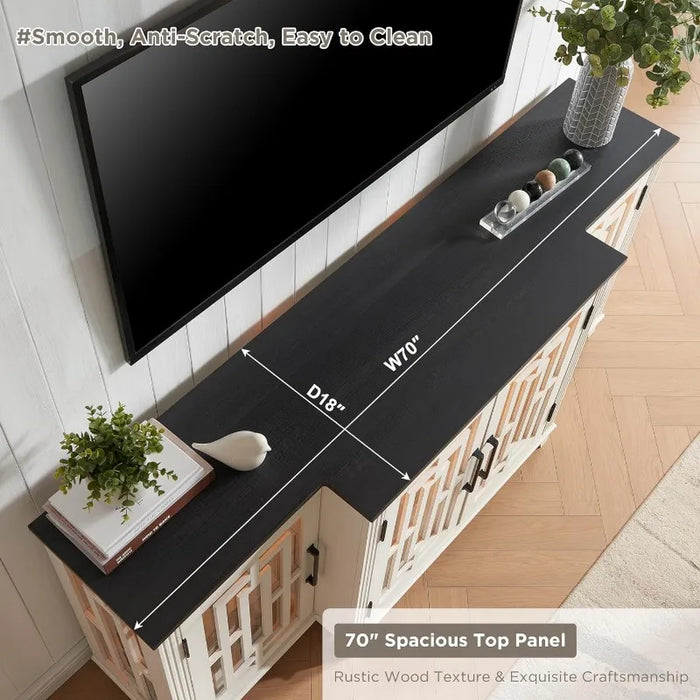 3-Sided Glass Fireplace TV Stand for 75 Inch TV w/LED Light, Farmhouse Highboy Entertainment Center w/26in Electric Fireplace