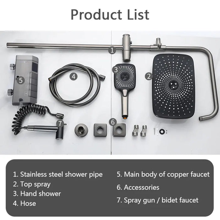 Grey Piano Key Shower Set Bathroom High Pressure Rainfall Brass Shower System Digital Bathtub Faucet Full Kit Temperature Shower