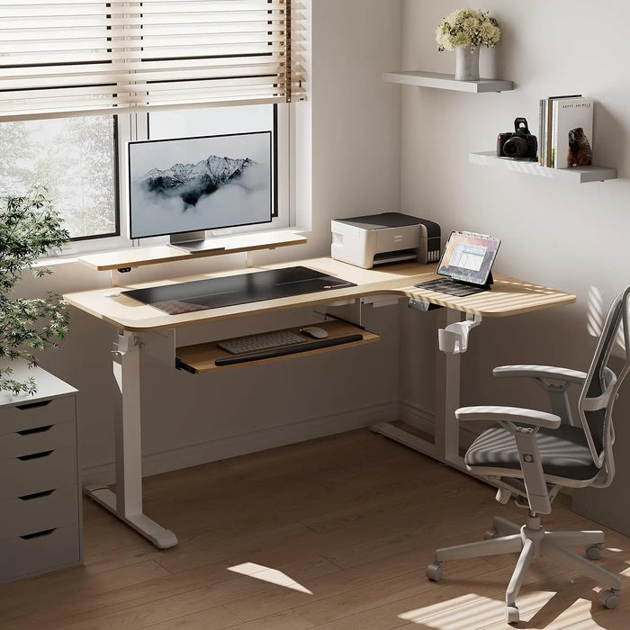 Standing Desk Adjustable Height 61" Electric Sit Stand Computer Desk L Shaped with Keyboard Tray Monitor Stand &LED