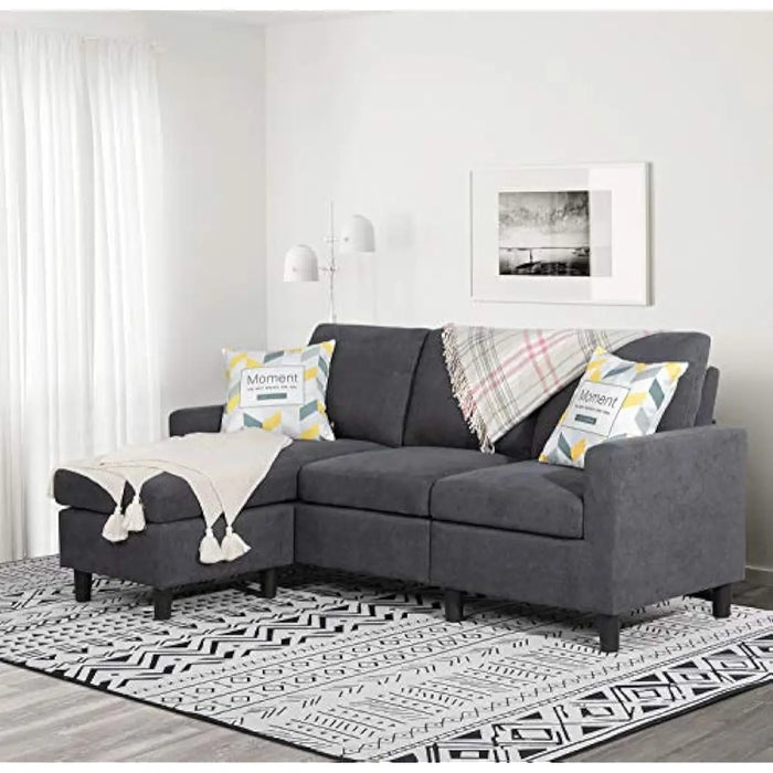 Convertible Sectional Sofa Couch, Modern Linen Fabric L-Shaped , 3-Seat Sofa Sectional with Reversible Chaise  (Dark Grey)
