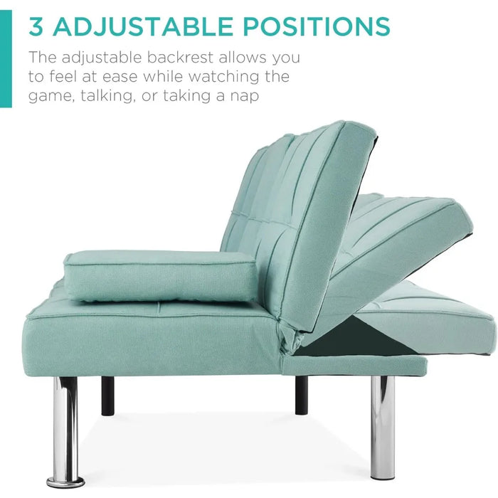 Living Room Sofas Linen Modern Folding Futon, Reclining Sofa for Apartment, 2 Cupholders Sofas