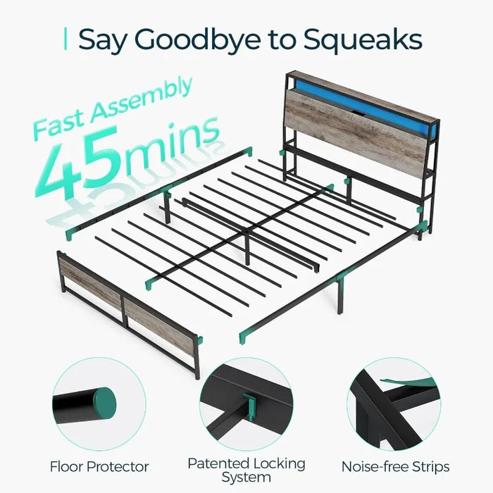 LINSY Full Bed Frame with Storage Ergonomic Headboard 14 Inch Fast Assembly Metal Bed with Lights Outlets & USB Full Size US