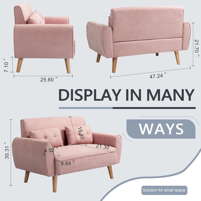 living room sofas 47" Loveseat Wood Sofa with High-Density Sponge Cushion, Mid-Century Modern Design,Pink couch sofas