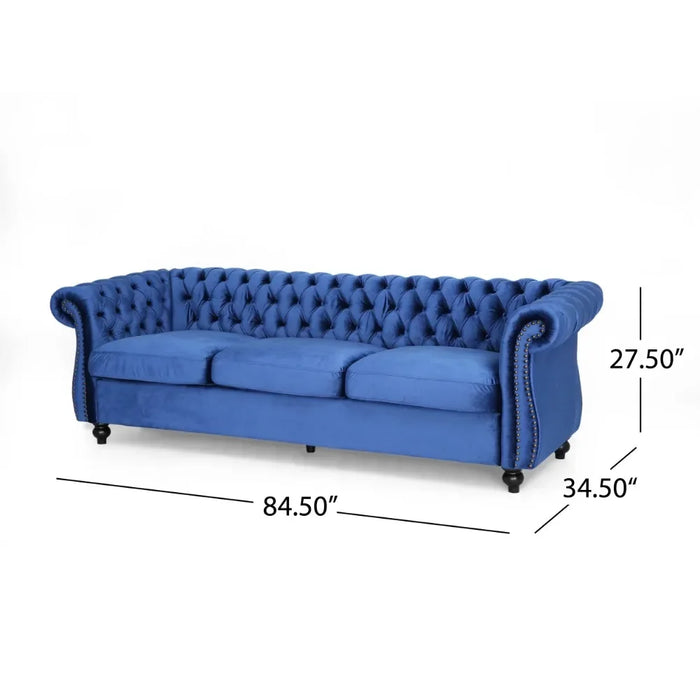 Living Room Tufted Velvet Sofa, Navy Blue, 3 Seats Modern Couch Sofas