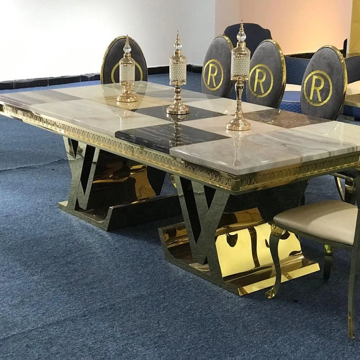 Luxury Carved Edge Rectangular Marble Dining Table Gold Brass Stainless Steel Hotel Wedding Table