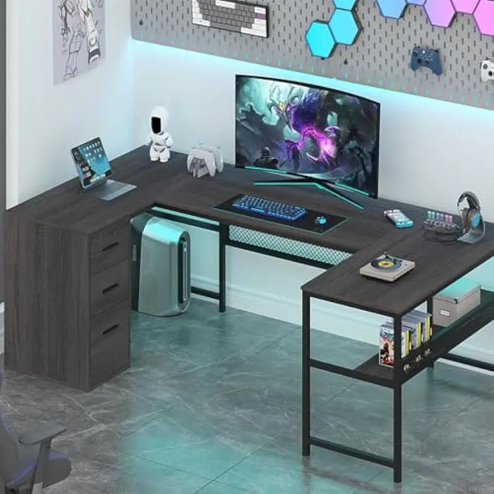 Shaped Desk with Drawers, L Shaped Computer Desk with Storage Shelf, Large Reversible Wood Executive Home Office Desk
