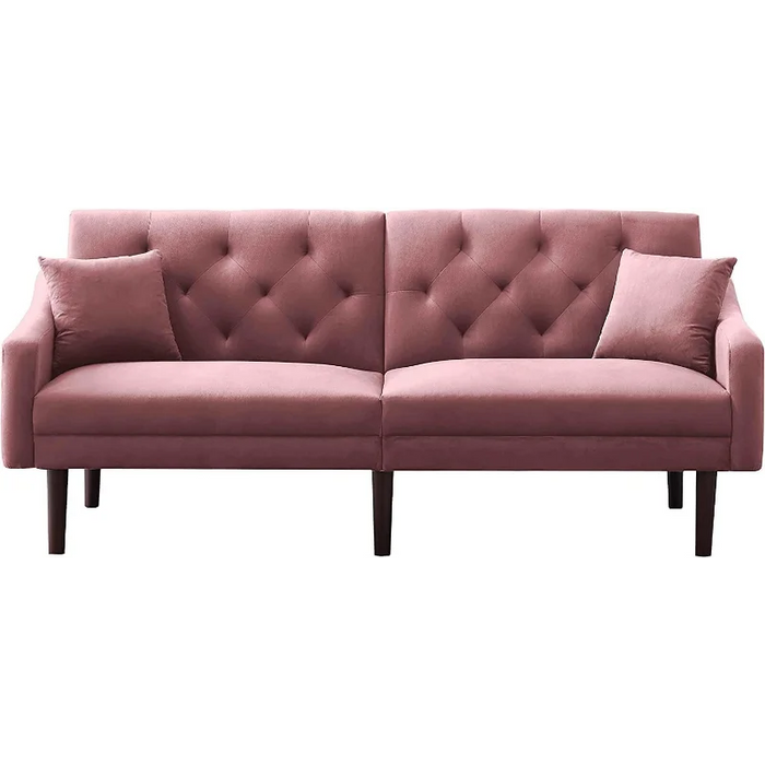 DNYN Convertible Sleeper Futon Sofa with 2 Pillows, Velvet Tufted Couch w/Metal Legs and Adjustable Backrest, for Apartment Offi