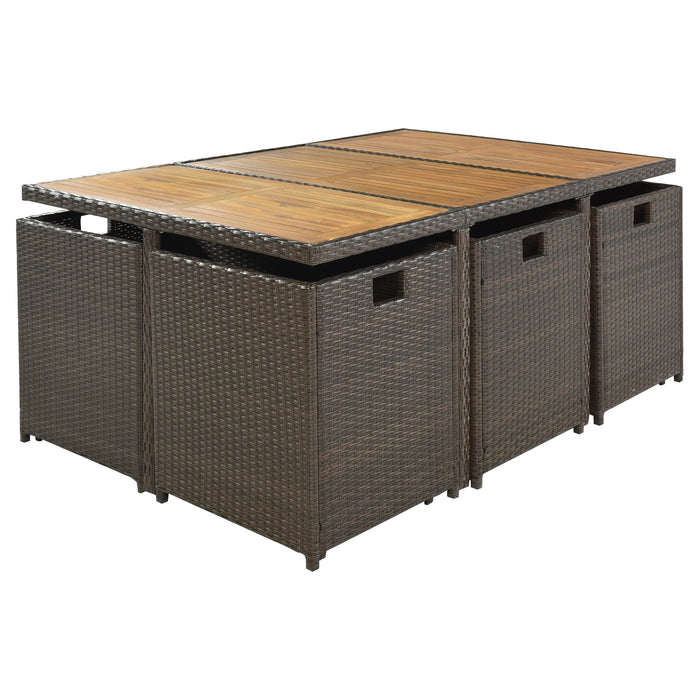 11-Piece Patio Furniture Set Patio All-Weather PE Wicker Dining Table Set with Wood Tabletop for 10 Brown Rattan+Beige Cushion