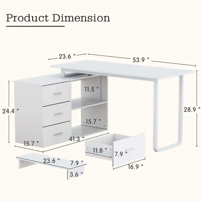 Anbuy L-Shaped Desk with Monitor Stand, Large Corner Computer Office Desk with Reversible 3 Drawers File Cabinet and Shelves
