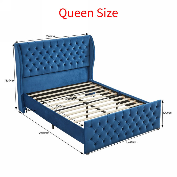 King/Queen Upholstered Wingback Velvet Fabric Chesterfield Bed W/Button Tufted Headboard Vintage Wings Blue/Black Wood Slat