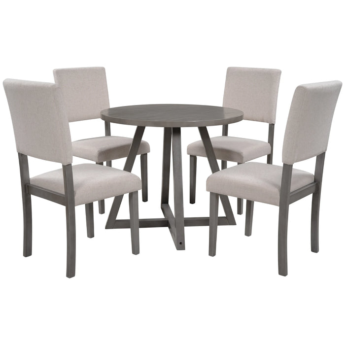 Mid-Century Wood 5-Piece Kitchen Dining Table Set with Round Table, 4 Upholstered Dining Chairs for Small Places