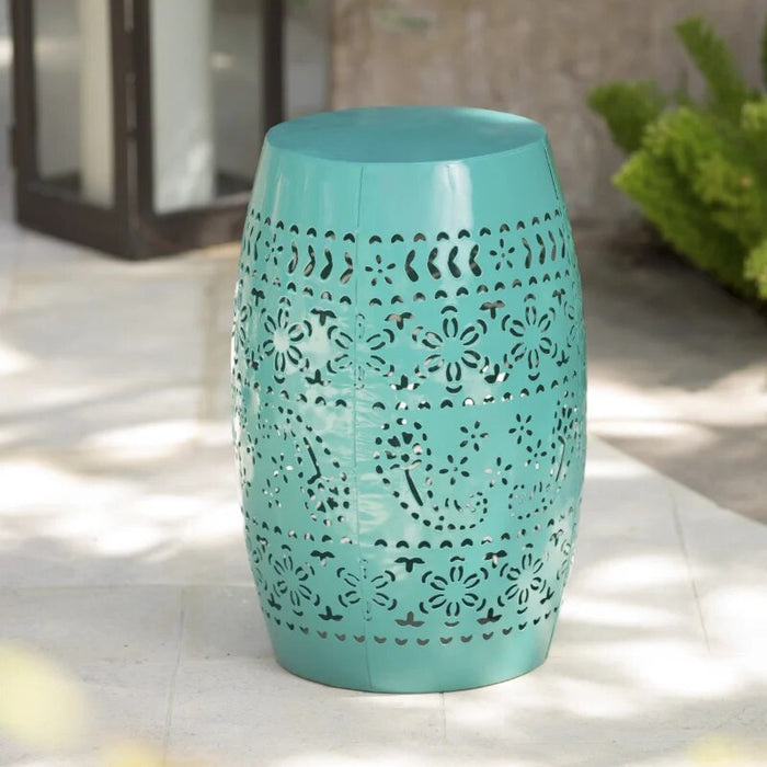 Belle Outdoor 12" Lace Cut Iron Side Table, Teal center table living room  side table  living room furniture