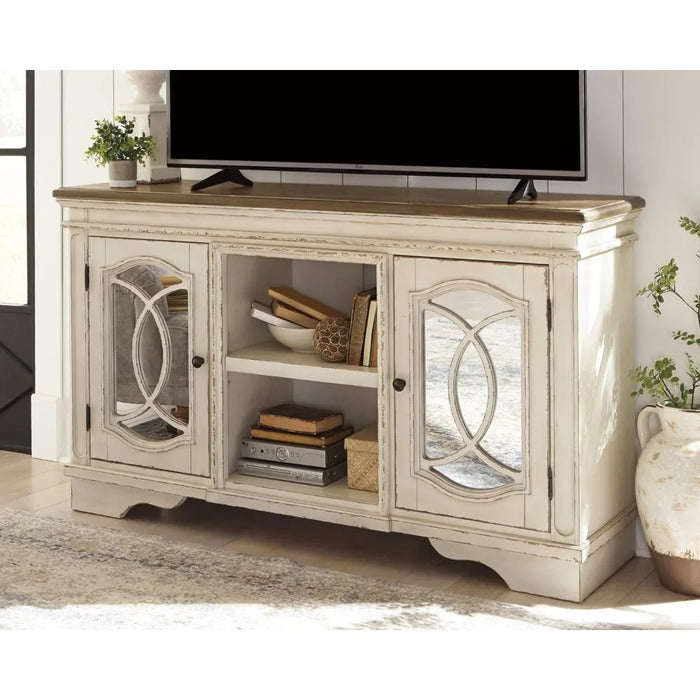 Signature Design by Ashley Realyn French Country Two-Tone TV Stand, Fits TVs up to 60", White & Rustic Brown