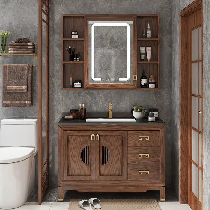Vintage Oak Bathroom Cabinet Solid Wood Bathroom Vanity Cabinet with Sink Ceramic Washbasin Slate Countertop Bathroom Furniture