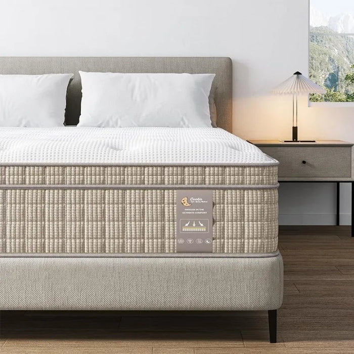 King Size Mattress,14 Inch Memory Foam Hybrid Mattresses in a Box with Individual Pocket Spring,Khaki Medium Firm King