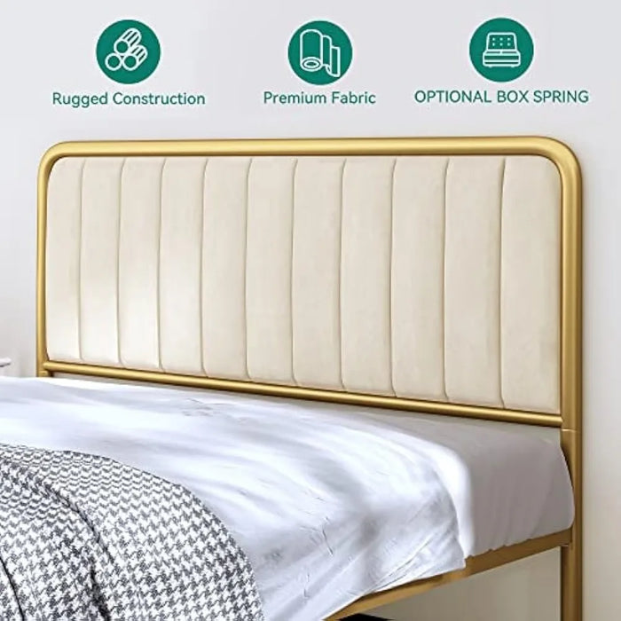 Queen Size Bed Frame, Velvet Bed Frame with Upholstered Headboard, Strong Metal Slats Support Platform Bed, No Box Spring Needed