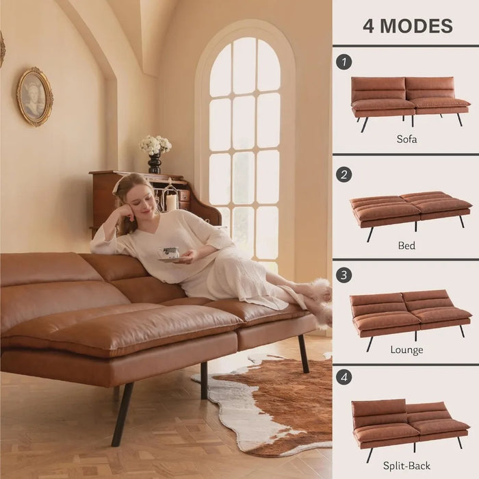 Sofa Bed,Multi-Functional Design Memory Foam Futon Couch with Adjustable Backrest,Leather Convertible,Sofa for Living Room,Brown