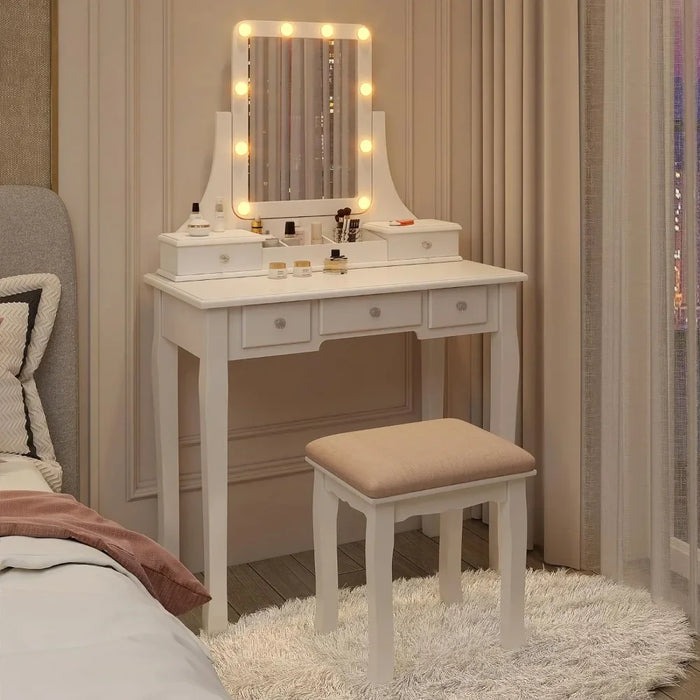Drawer Table with Lighted Mirror, Makeup Vanity Dressing Table with LED Lights, Storage Shelves Cushioned Stool & 2 Drawers