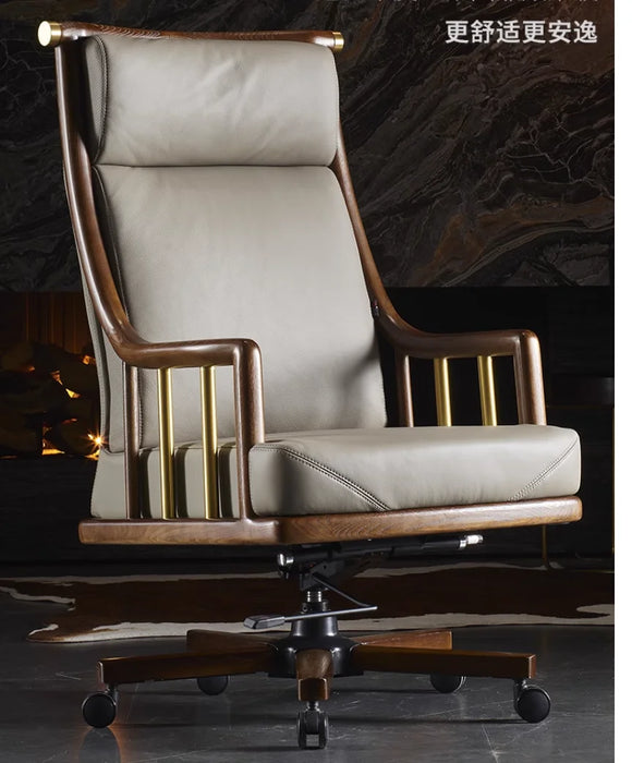 Boss chair Leather solid wood office home swivel chair Chinese high-end seat business cowhide president big class chair