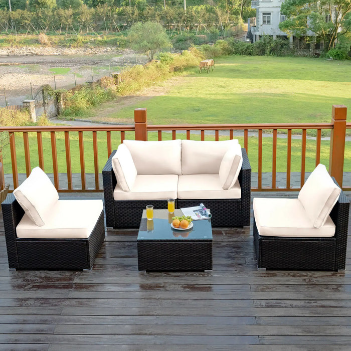 5PCS Patio Rattan Furniture Set Cushioned Sofa Chair Coffee Table HW67243